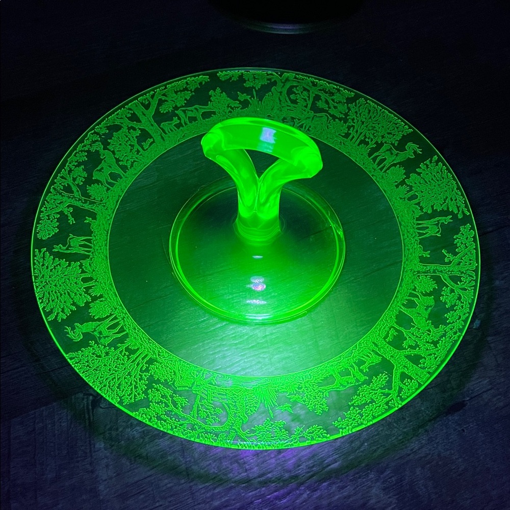 Antique Tiffin Green Uranium Glass Deerwood Deer Birch Tree Handled Serving Tray